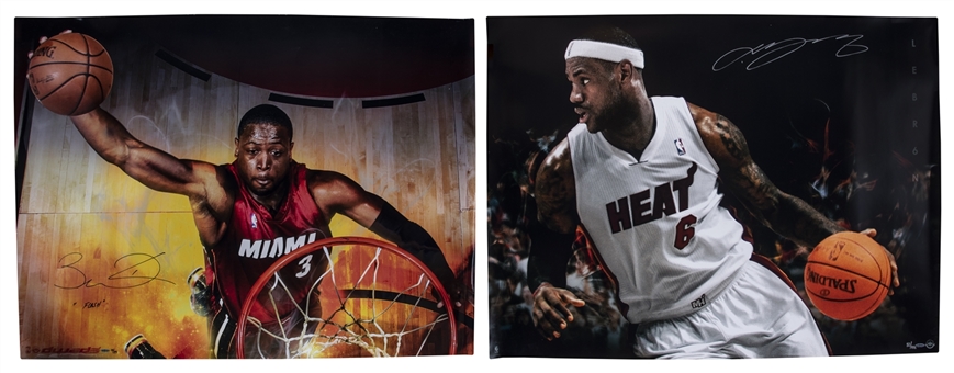 Lot of (2) LeBron James & Dwyane Wade Individually Signed & Inscribed Miami Heat Serial Numbered 35 x 46 "Breaking Through" Poster Pair - 2 Different (UDA)